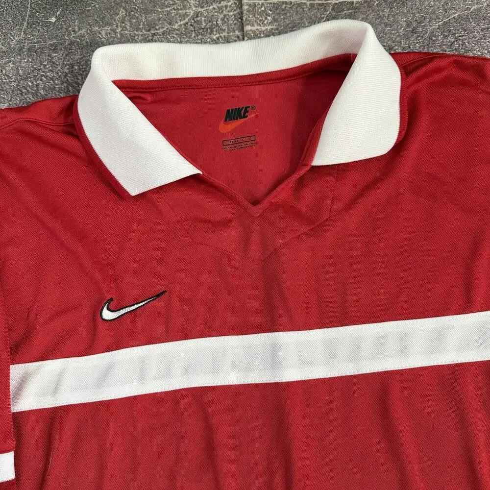 Men's Vintage 90's Nike Team Red White Striped Collared Soccer Jersey Kit Sz L